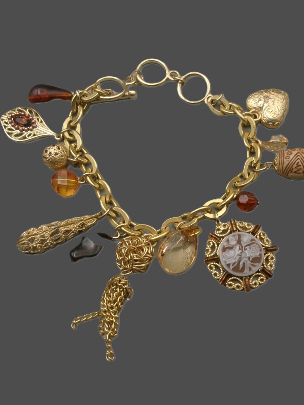 Vintage Gold Tone Charm Bracelet, Gems, Heart, Filigree, Tassel